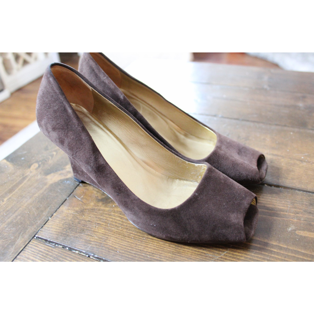 Prada Chocolate Brown Suede Peep Toe Wedges Size 37 / 6.5